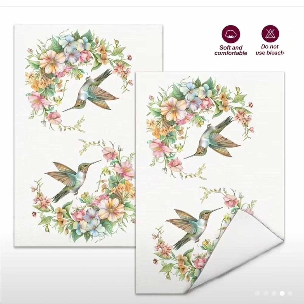 2pcs Kitchen or bathroom hand Towel hummingbird & floral design cottagecore